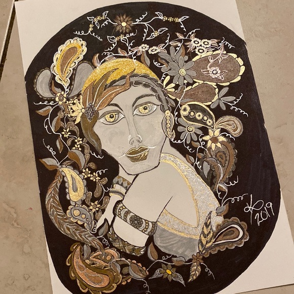 Unframed Original Art Drawing Illustration Metallic Flapper Portrait - Picture 2 of 5